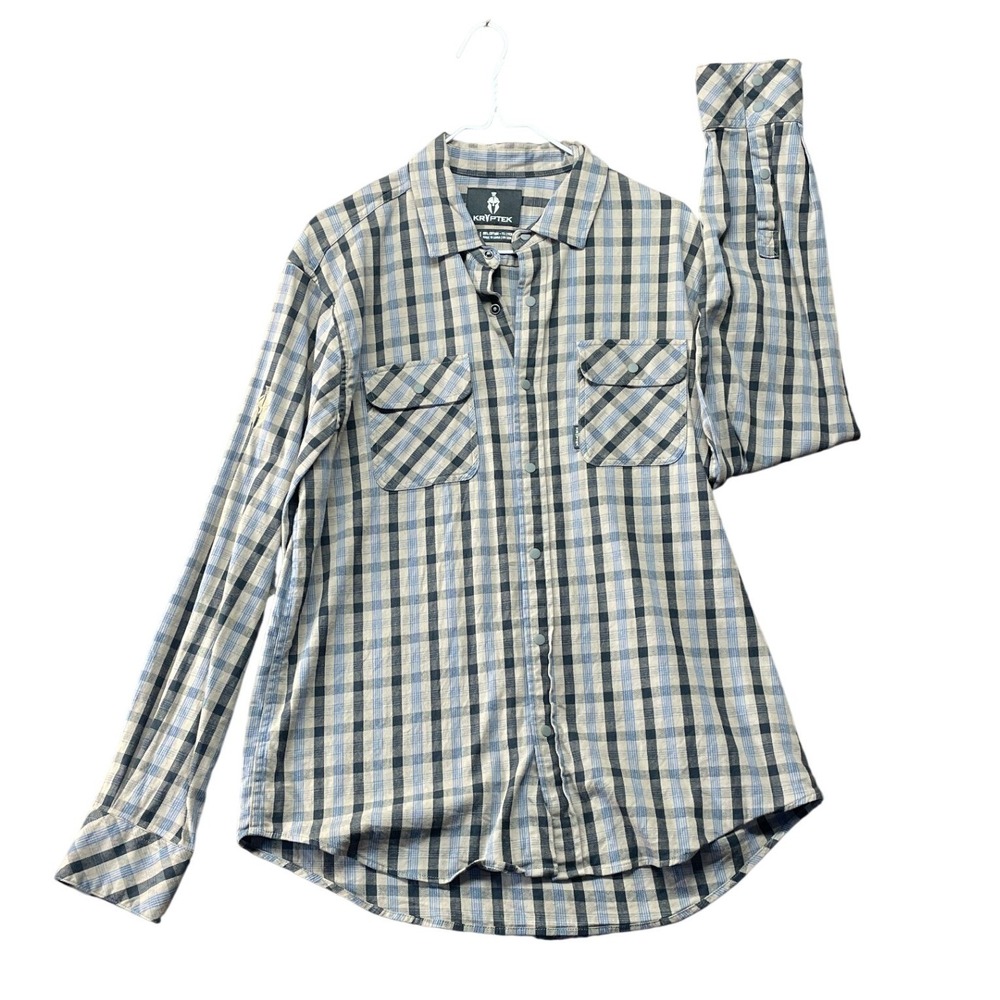 Kryptek M-L Black Brown Blue Plaid Flannel Long Sleeve Snap Button Shirt